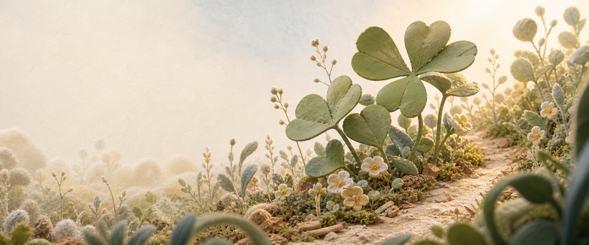 Original handcrafted clay garden illustration with oversized leaf forms and a tiny path leading into morning light.