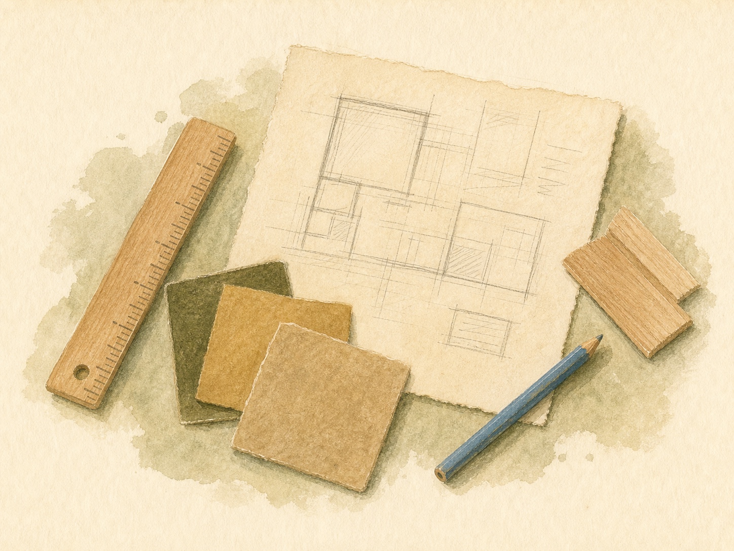 Original hand-painted editorial study of abstract planning paper, a ruler, cardboard swatches, wood strips and a pencil.