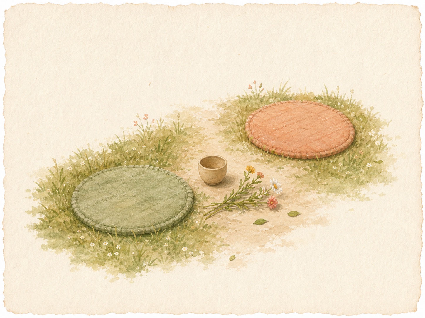 Original hand-painted editorial illustration of two empty sitting mats, a cup and wildflowers beside a shared path.