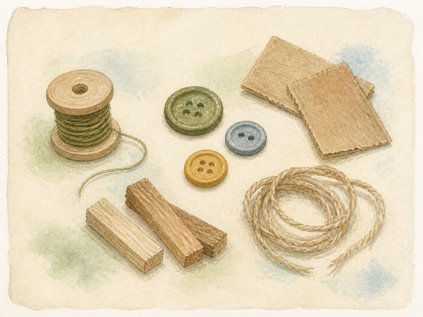 Original hand-painted material study of thread, buttons, flat cardboard, wood offcuts and natural string.