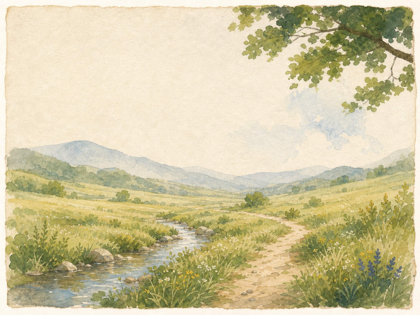 Original hand-painted landscape of a meadow path and narrow stream leading toward distant hills.